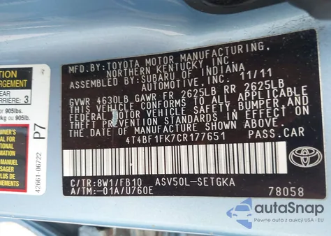 2012 Toyota Camry Xle z USA, uszkodzony, nr VIN 4T4BF1FK7CR177651